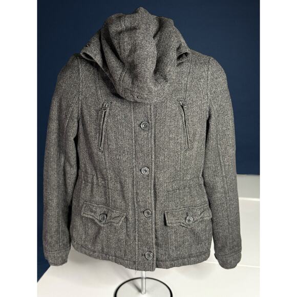 Women’s Aeropostale Wool Blend Coat Medium Gray Herringbone Hooded Jacket - Picture 3 of 13